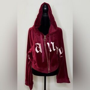 Essue “Candy” red velour crop hoodie, Candy embroidered across front medium EUC